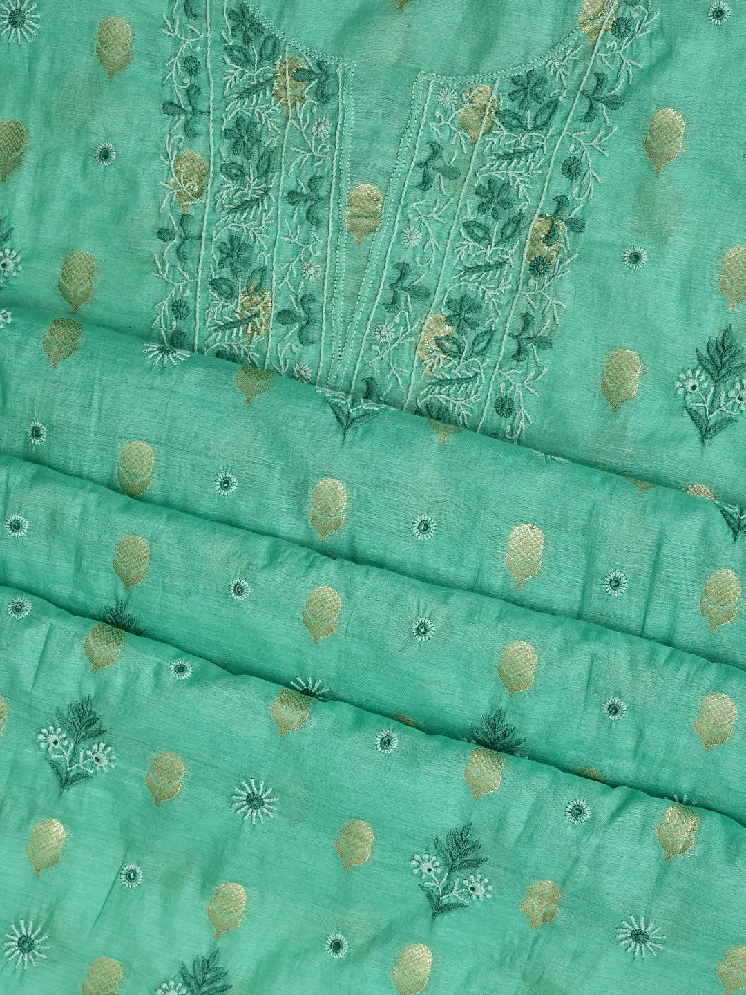 Ada Hand Embroidered Sea Green Chanderi Lucknowi Chikankari Unstitched Suit Piece 01A313763