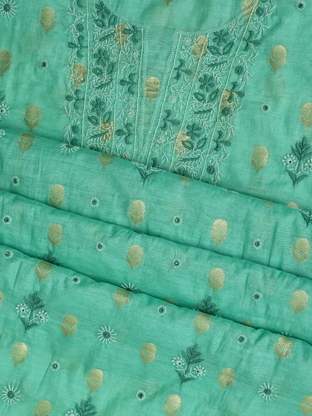 Ada Hand Embroidered Sea Green Chanderi Lucknowi Chikankari Unstitched Suit Piece 01A313763