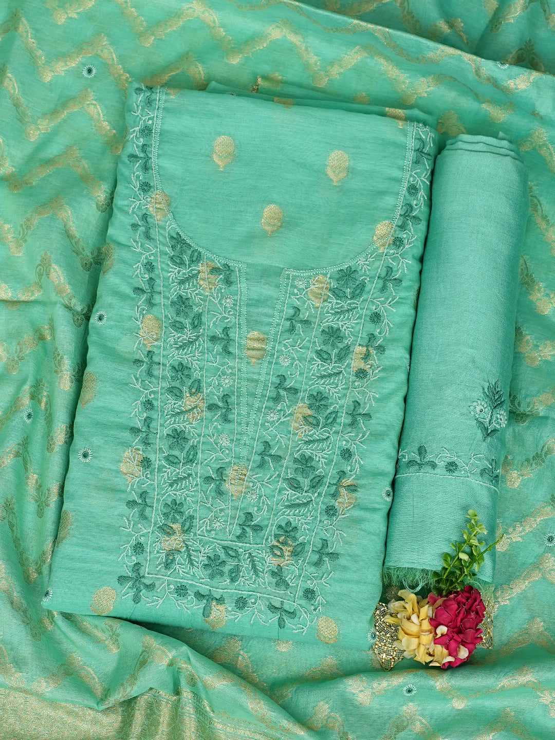 Ada Hand Embroidered Sea Green Chanderi Lucknowi Chikankari Unstitched Suit Piece 01A313763