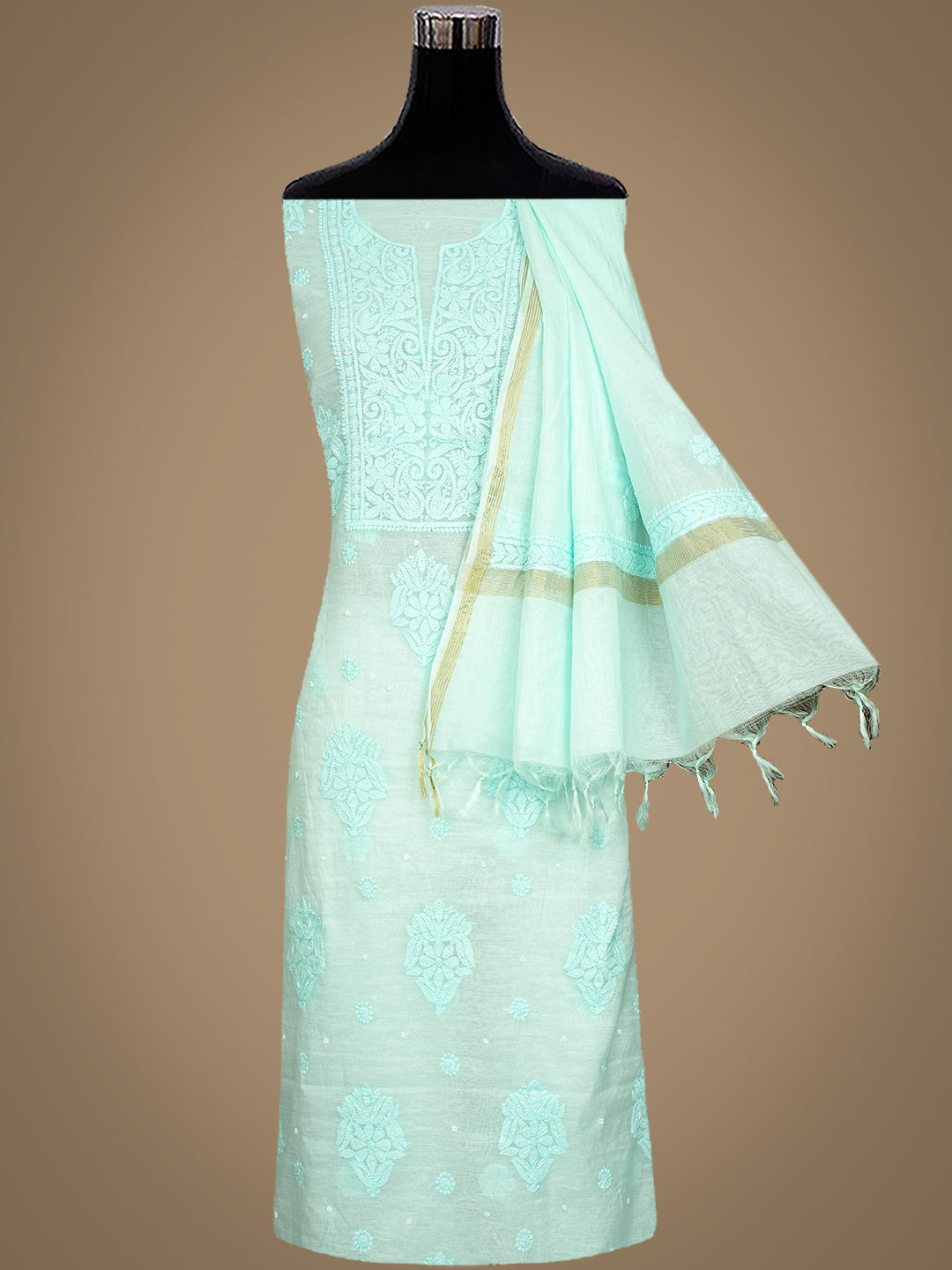 Ada Hand Embroidered Sea Green Chanderi Lucknowi Chikankari Unstitched Suite Set With Pearl Work 01A1010683