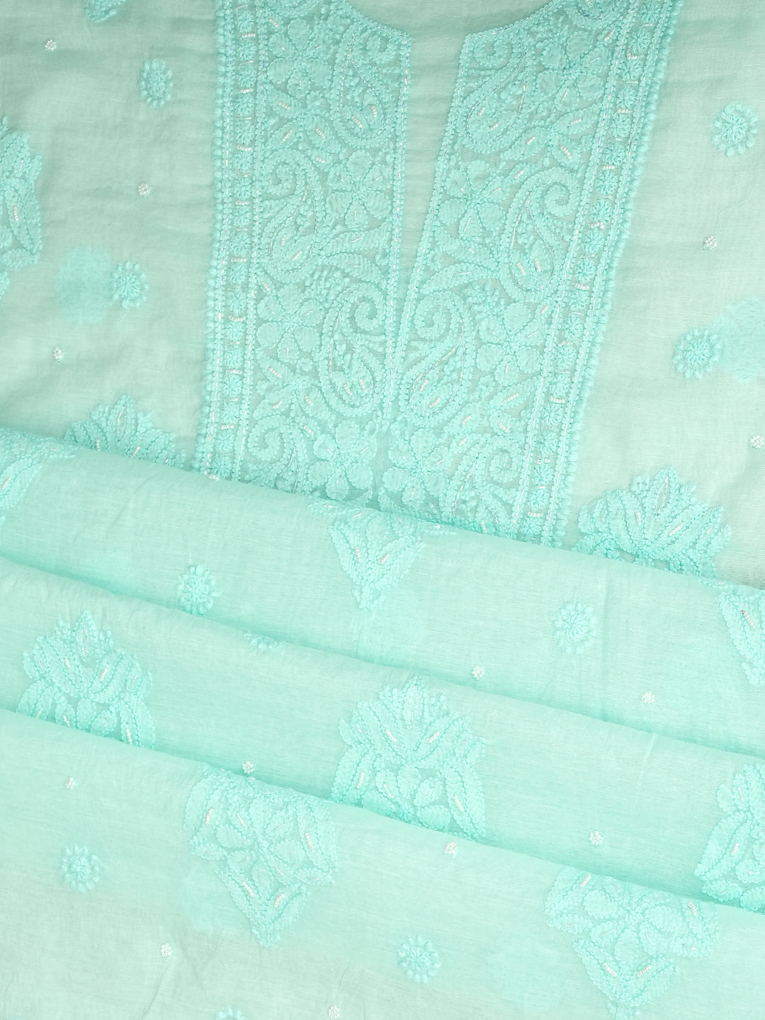 Ada Hand Embroidered Sea Green Chanderi Lucknowi Chikankari Unstitched Suite Set With Pearl Work 01A1010683