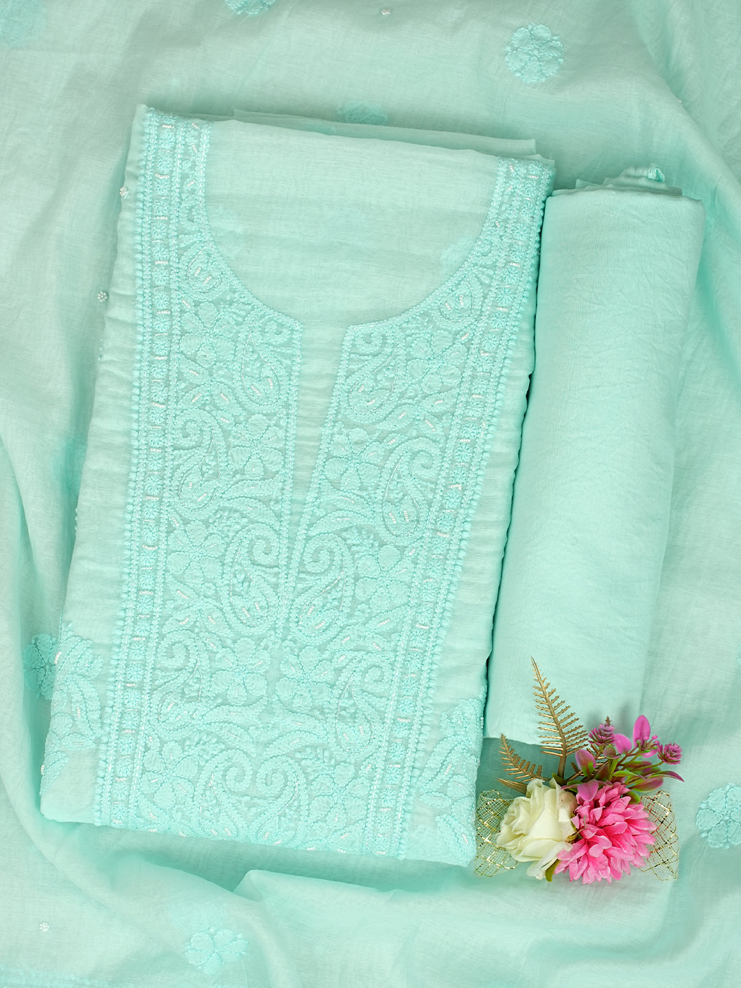 Ada Hand Embroidered Sea Green Chanderi Lucknowi Chikankari Unstitched Suite Set With Pearl Work 01A1010683