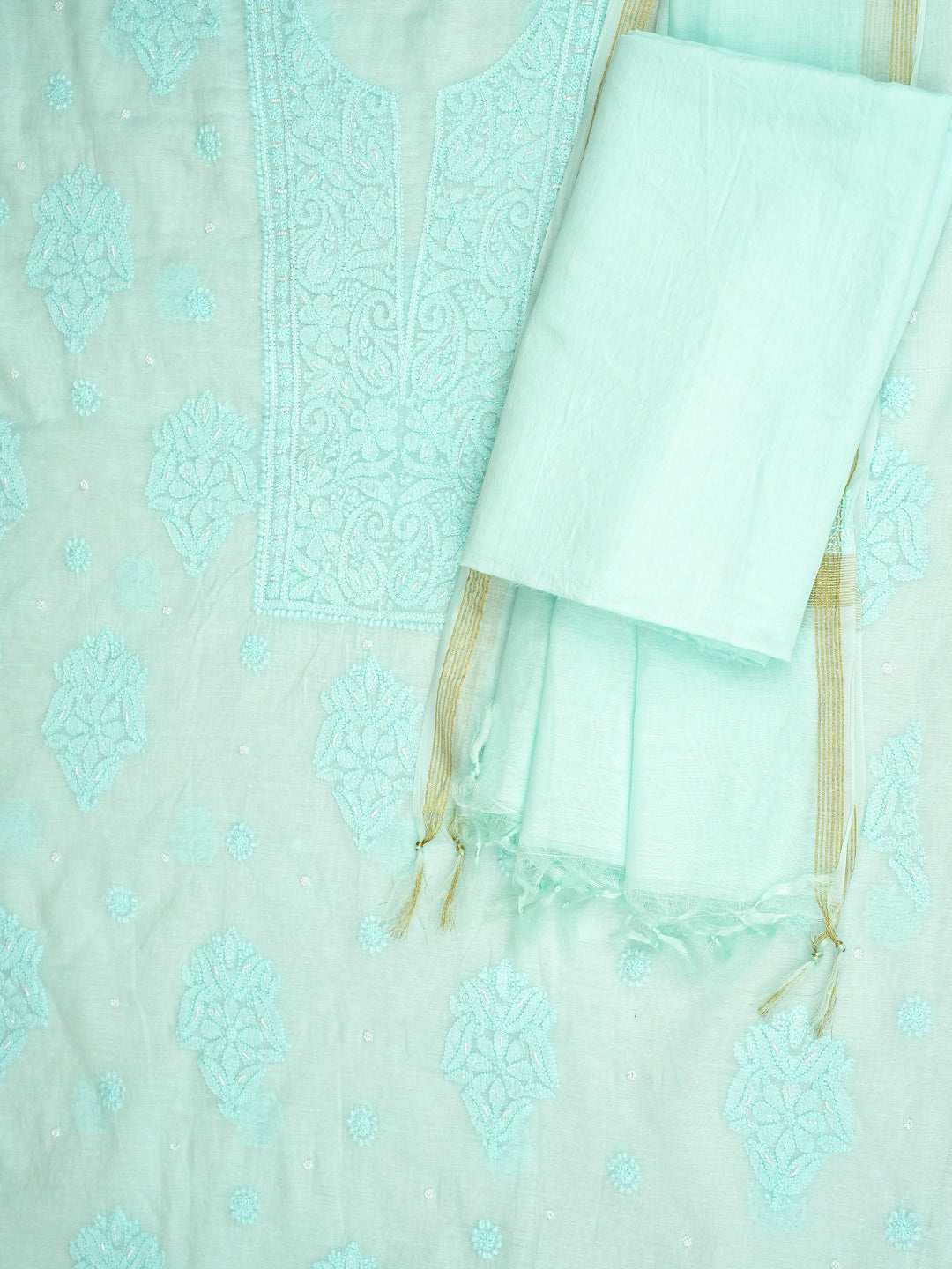Ada Hand Embroidered Sea Green Chanderi Lucknowi Chikankari Unstitched Suite Set With Pearl Work 01A1010683
