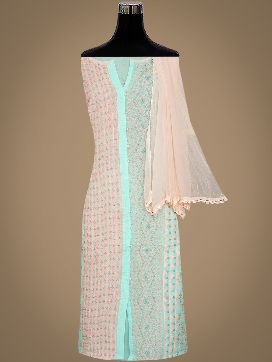 Hand Embroidered Sea Green Cotton Chikankari Suit Piece With Chiffon Dupatta Close-Up