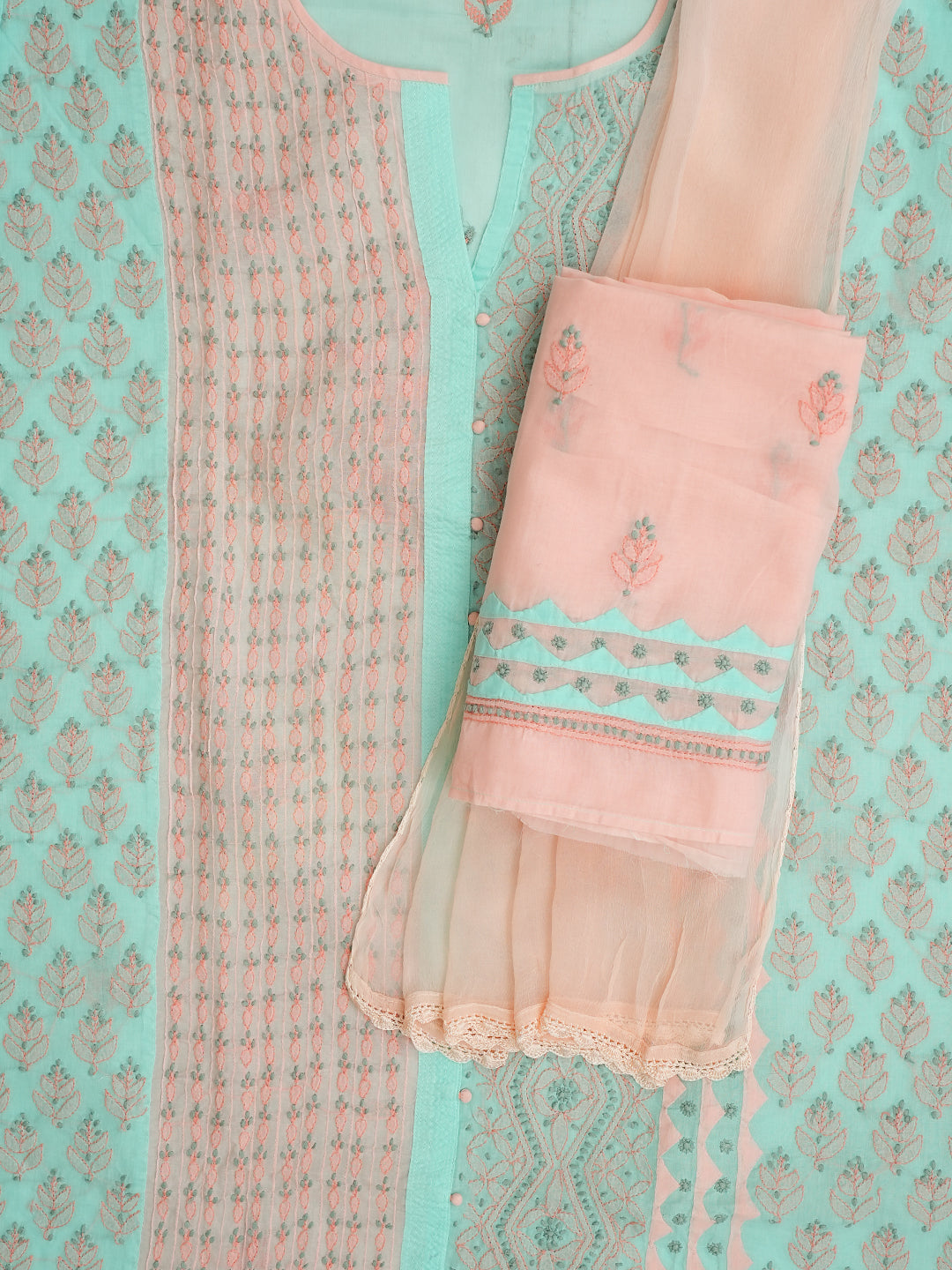 Detailed View Of Bakhiya Pechni Daraz And Phanda Chikankari Embroidery
