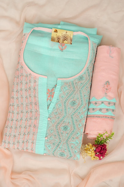 Ada Sea Green Cotton Lucknowi Chikankari Semi Stitched Suit Piece With Chiffon Dupatta Front View