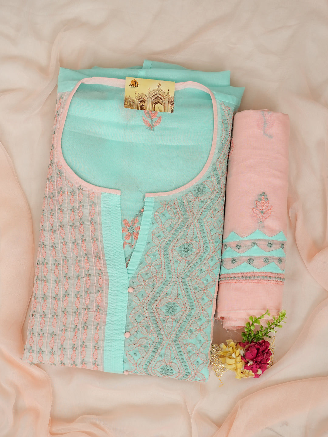 Elegant Ada Sea Green Cotton Chikankari Suit Piece For Women Ethnic Fashion