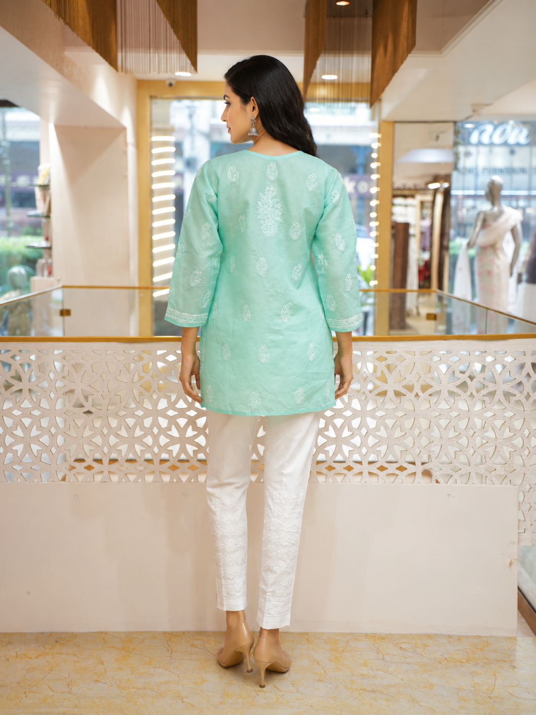 Ada Hand Embroidered Sea Green Cotton Lucknowi Chikankari Short Kurti A911595_2