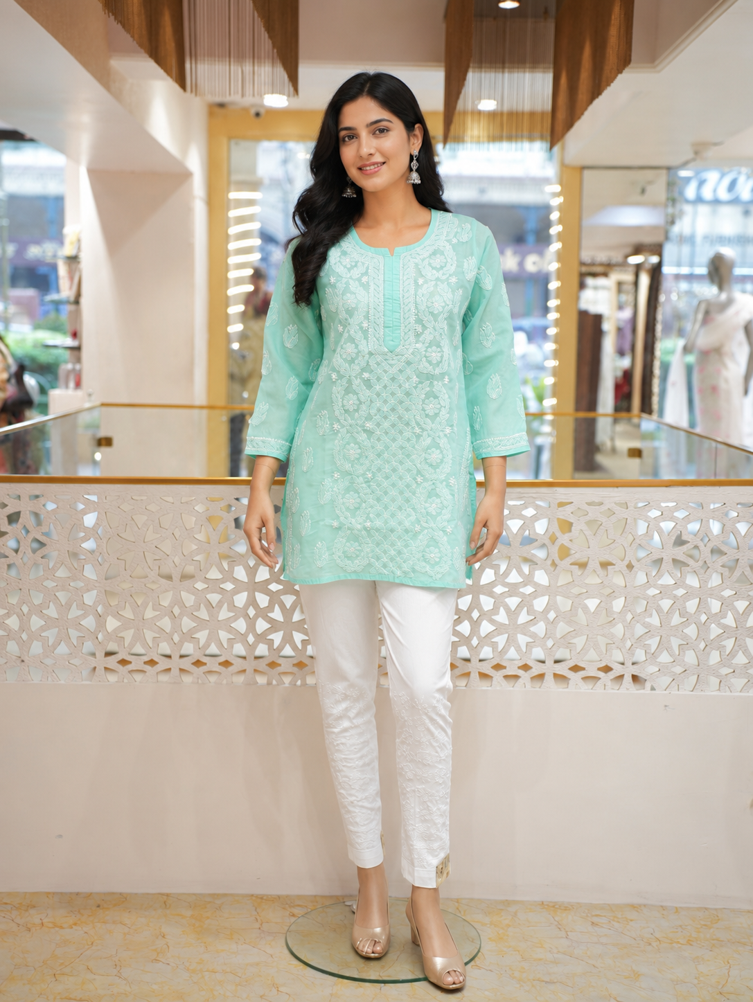 Ada Hand Embroidered Sea Green Cotton Lucknowi Chikankari Short Kurti A911595_3