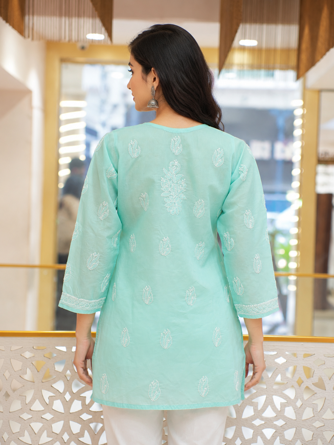 Ada Hand Embroidered Sea Green Cotton Lucknowi Chikankari Short Kurti A911595_4