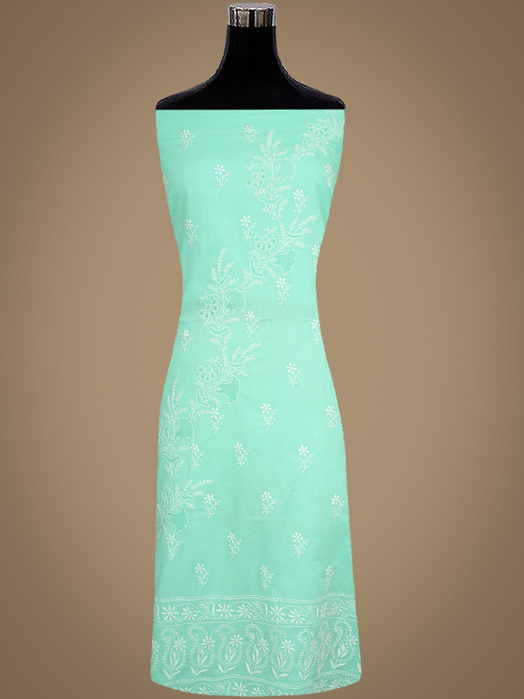 Ada Hand Embroidered Sea Green Cotton Lucknowi Chikankari Unstitched Kurta Dupatta Set 01A642083