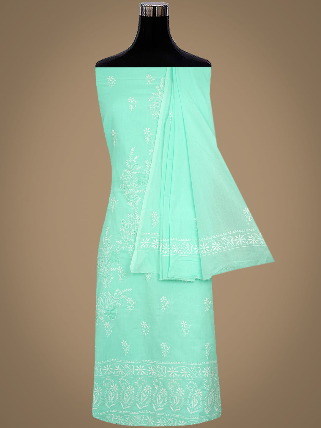 Ada Hand Embroidered Sea Green Cotton Lucknowi Chikankari Unstitched Kurta Dupatta Set 01A642083