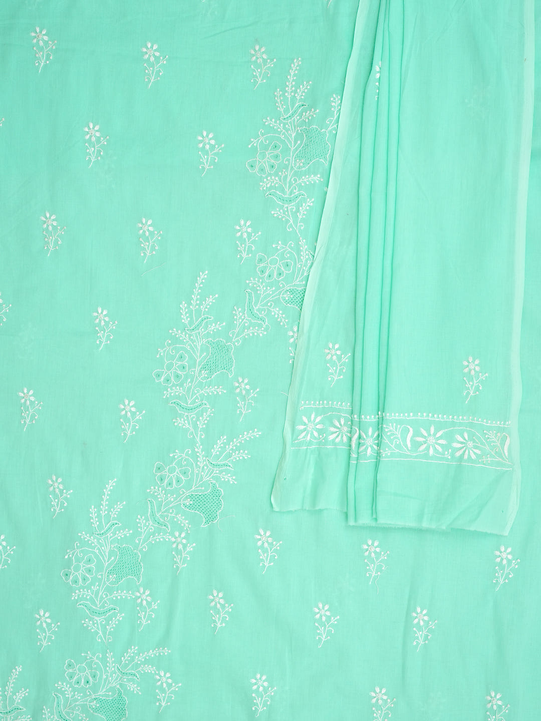 Ada Hand Embroidered Sea Green Cotton Lucknowi Chikankari Unstitched Kurta Dupatta Set 01A642083