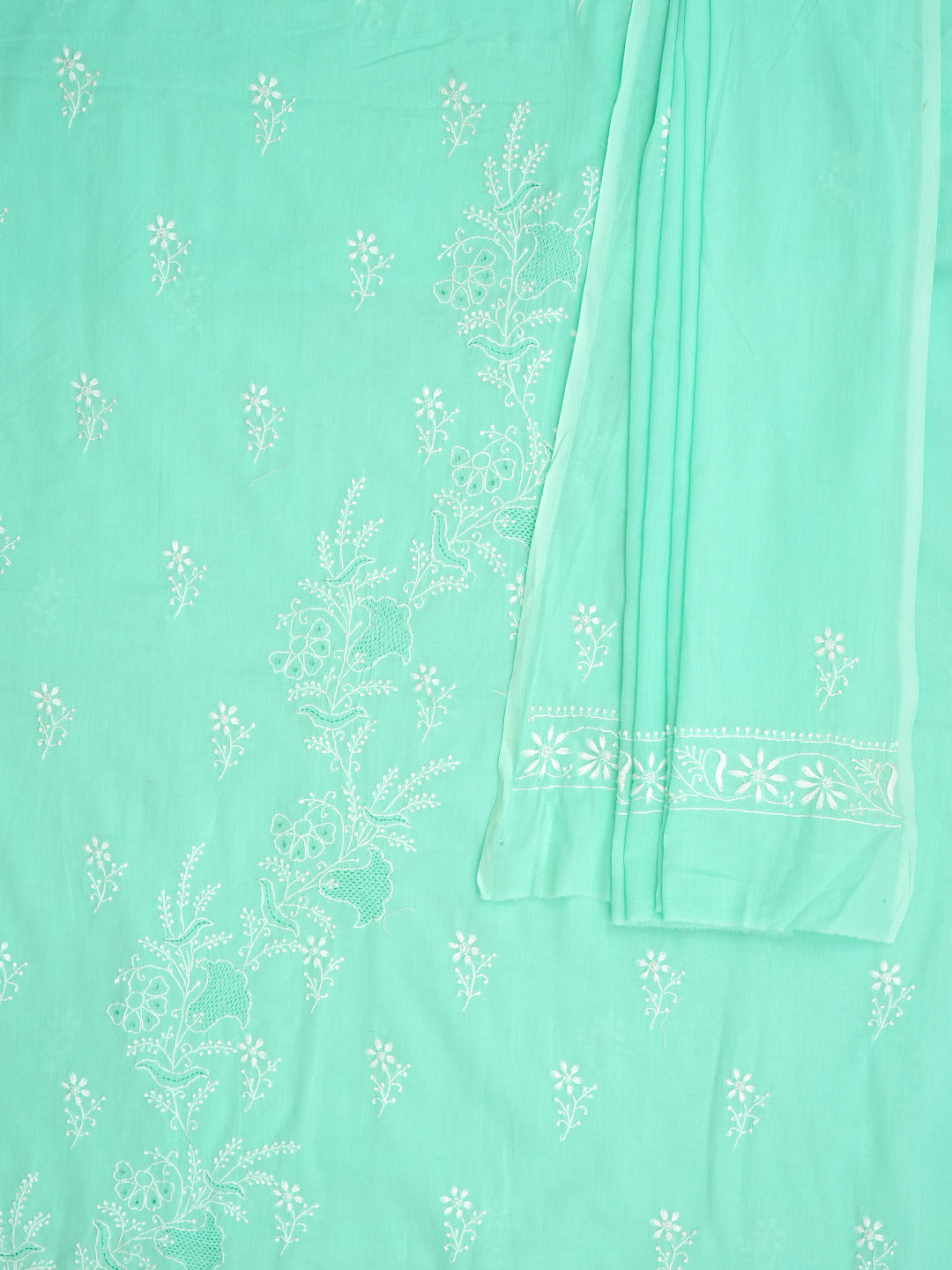 Ada Hand Embroidered Sea Green Cotton Lucknowi Chikankari Unstitched Kurta Dupatta Set 01A642083