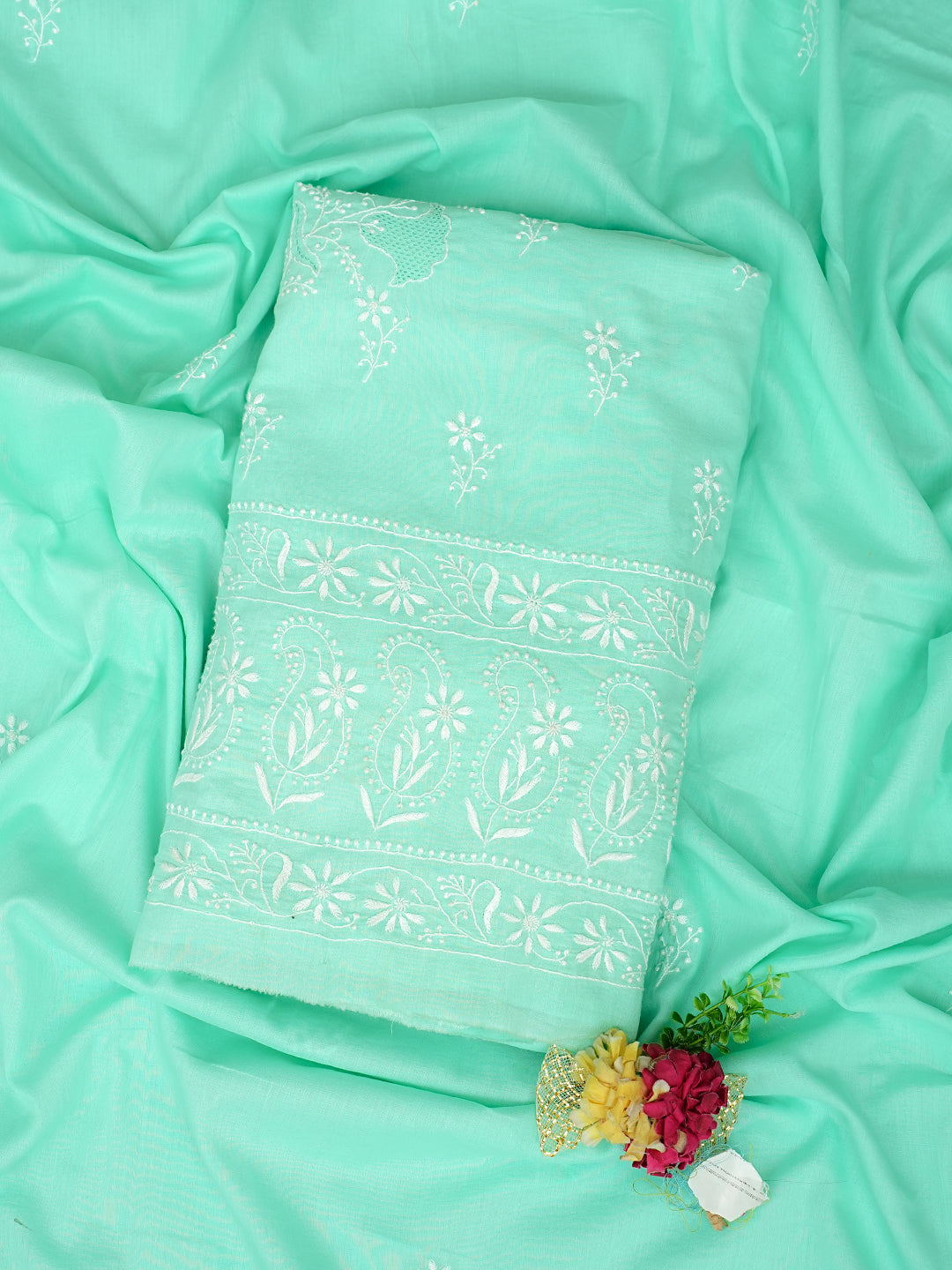 Ada Hand Embroidered Sea Green Cotton Lucknowi Chikankari Unstitched Kurta Dupatta Set 01A642083