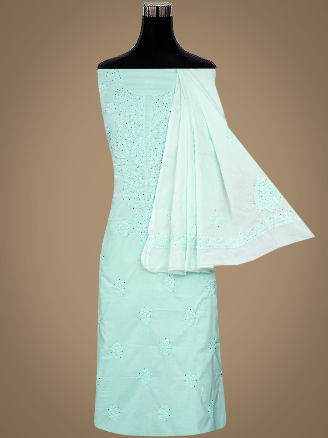 Ada Hand Embroidered Sea Green Cotton Lucknowi Chikankari Unstitched Kurta Dupatta Set With Mukaish Work 01A760421