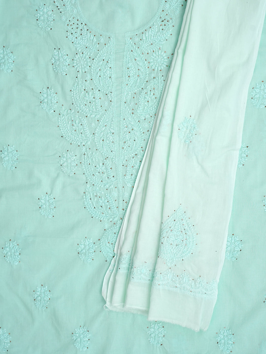 Ada Hand Embroidered Sea Green Cotton Lucknowi Chikankari Unstitched Kurta Dupatta Set With Mukaish Work 01A760421