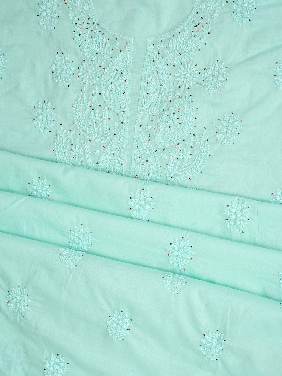 Ada Hand Embroidered Sea Green Cotton Lucknowi Chikankari Unstitched Kurta Dupatta Set With Mukaish Work 01A760421