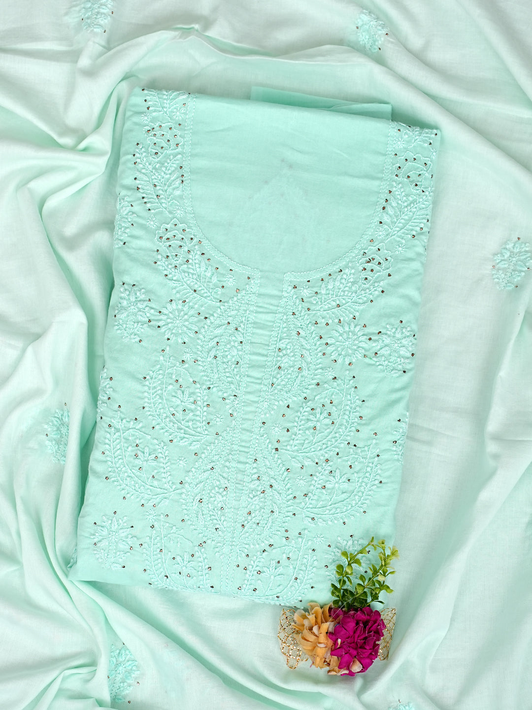 Ada Hand Embroidered Sea Green Cotton Lucknowi Chikankari Unstitched Kurta Dupatta Set With Mukaish Work 01A760421