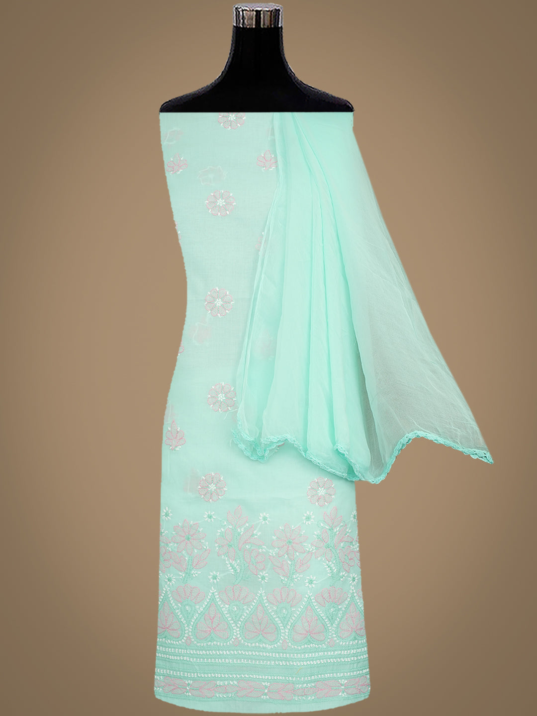 Ada Hand Embroidered Sea Green Cotton Lucknowi Chikankari Unstitched Suit Piece 01A879349
