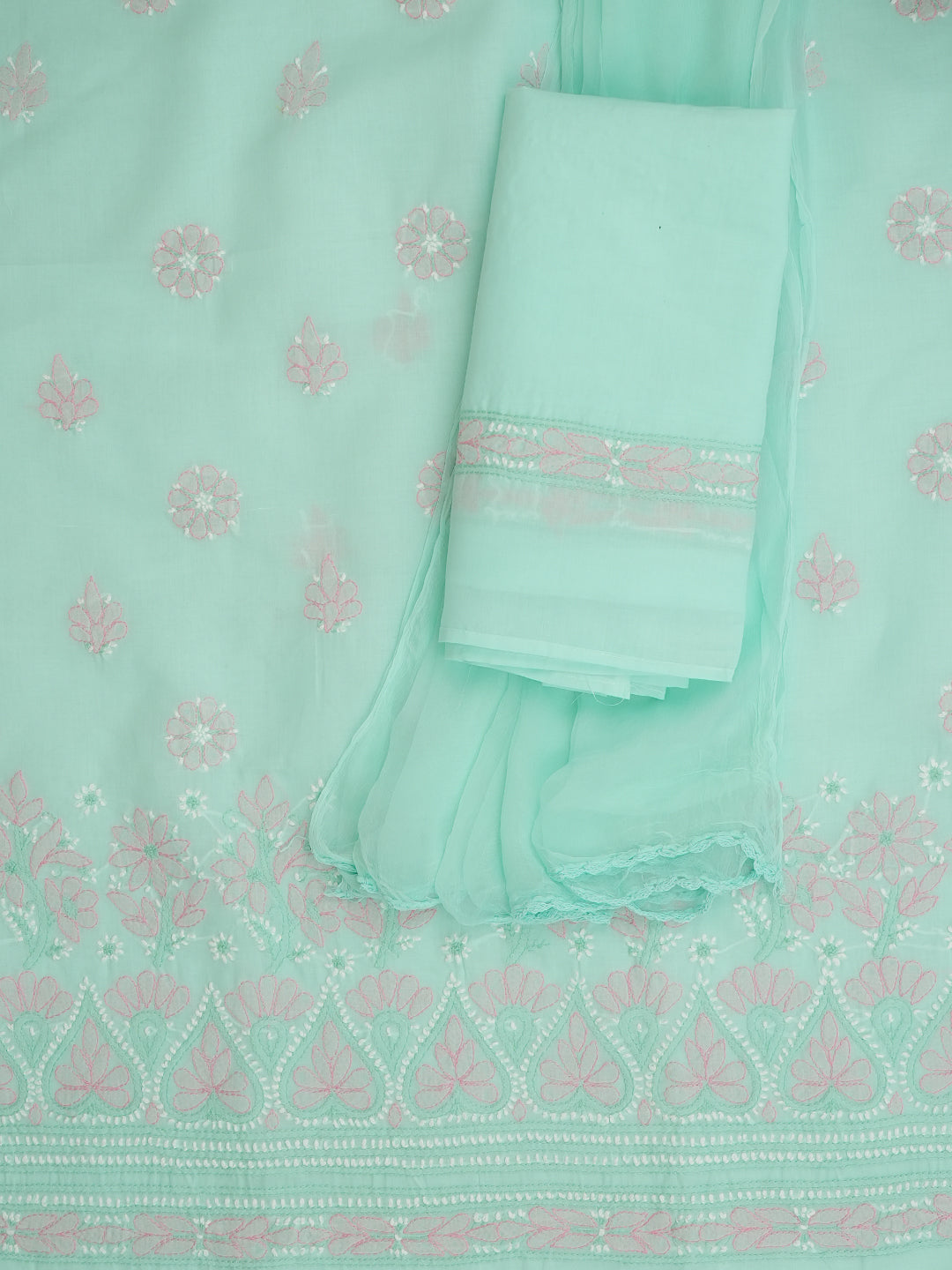 Ada Hand Embroidered Sea Green Cotton Lucknowi Chikankari Unstitched Suit Piece 01A879349