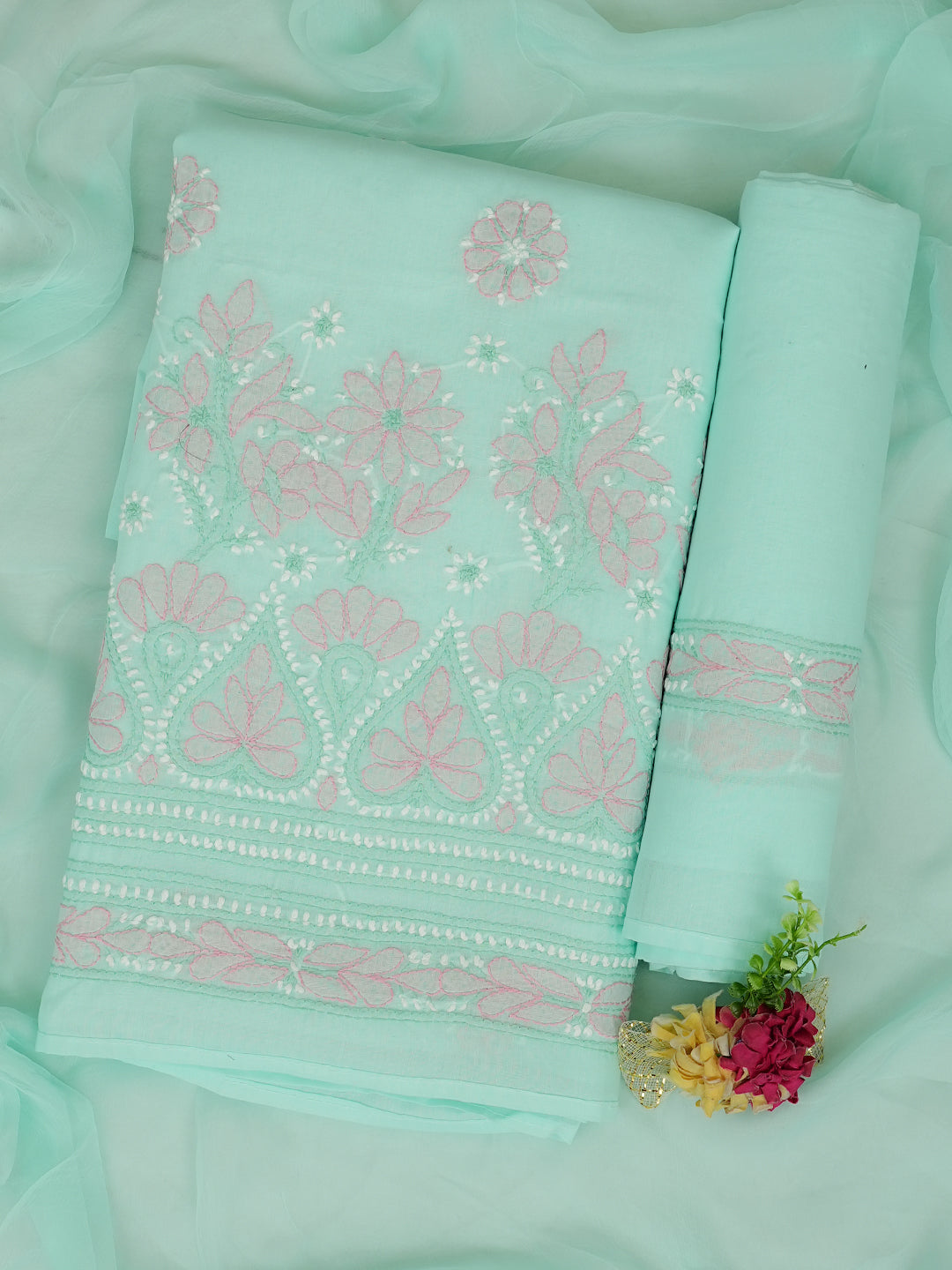 Ada Hand Embroidered Sea Green Cotton Lucknowi Chikankari Unstitched Suit Piece 01A879349