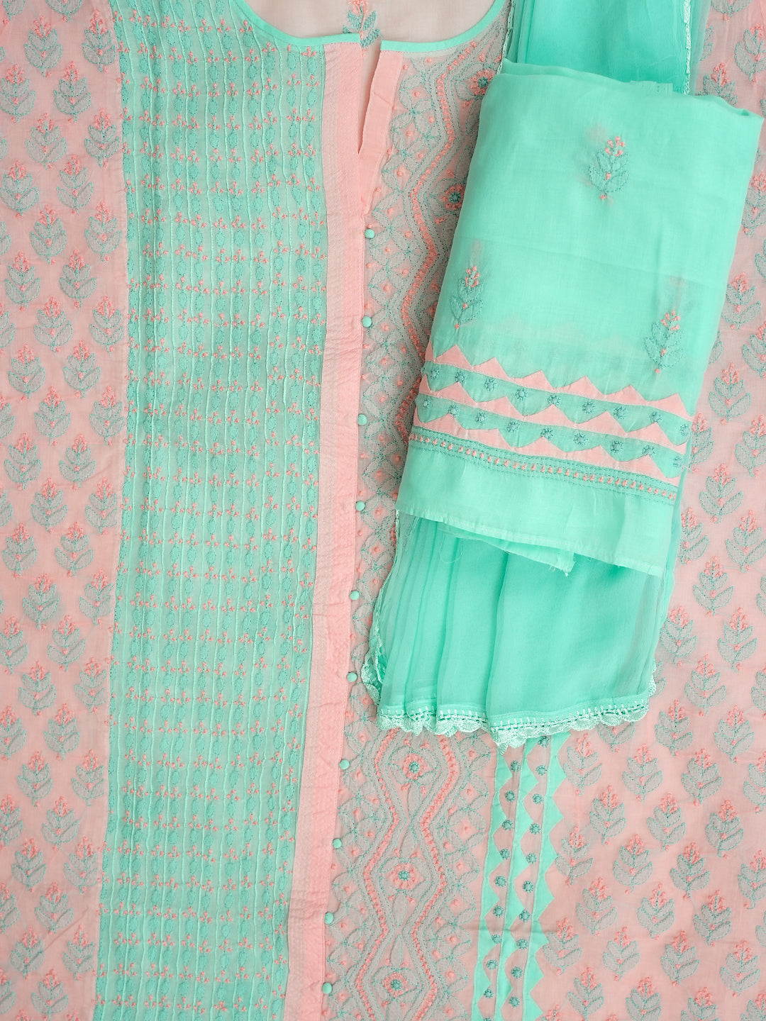 Ada Hand Embroidered Sea Green Cotton Lucknowi Chikankari Unstitched Suit Piece 01A993022