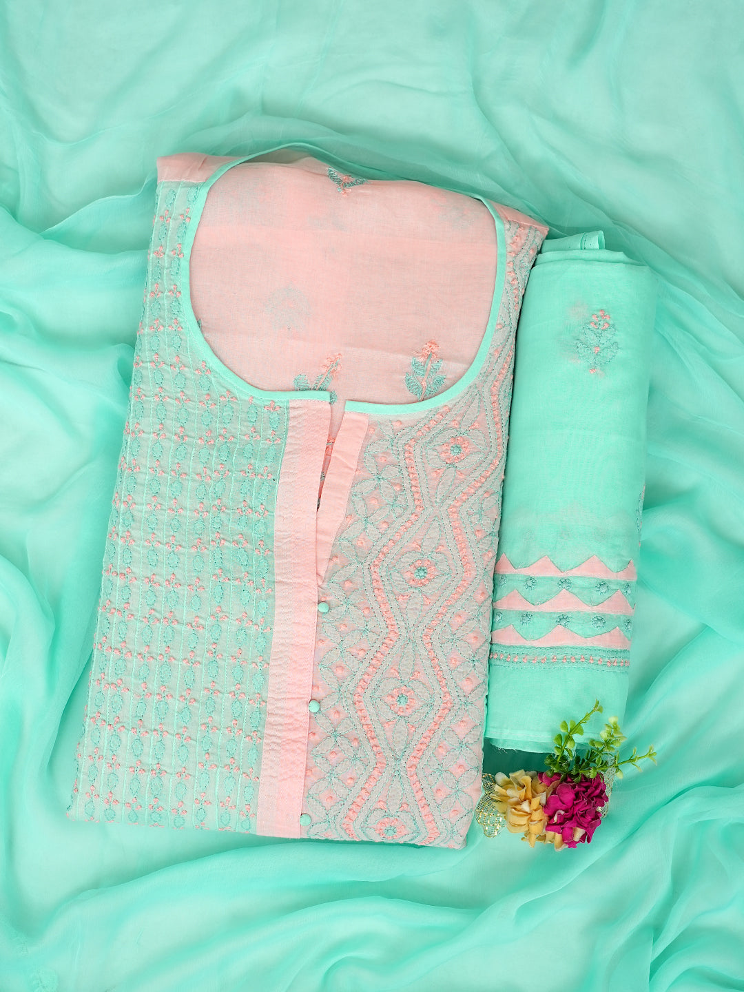 Ada Hand Embroidered Sea Green Cotton Lucknowi Chikankari Unstitched Suit Piece 01A993022