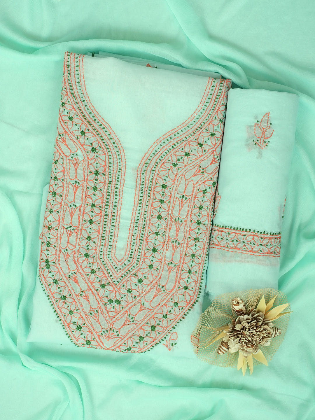 Ada Hand Embroidered Sea Green Cotton Lucknowi Chikankari Unstitched Suit Piece With Chiffon Dupatta 01A1001697_1
