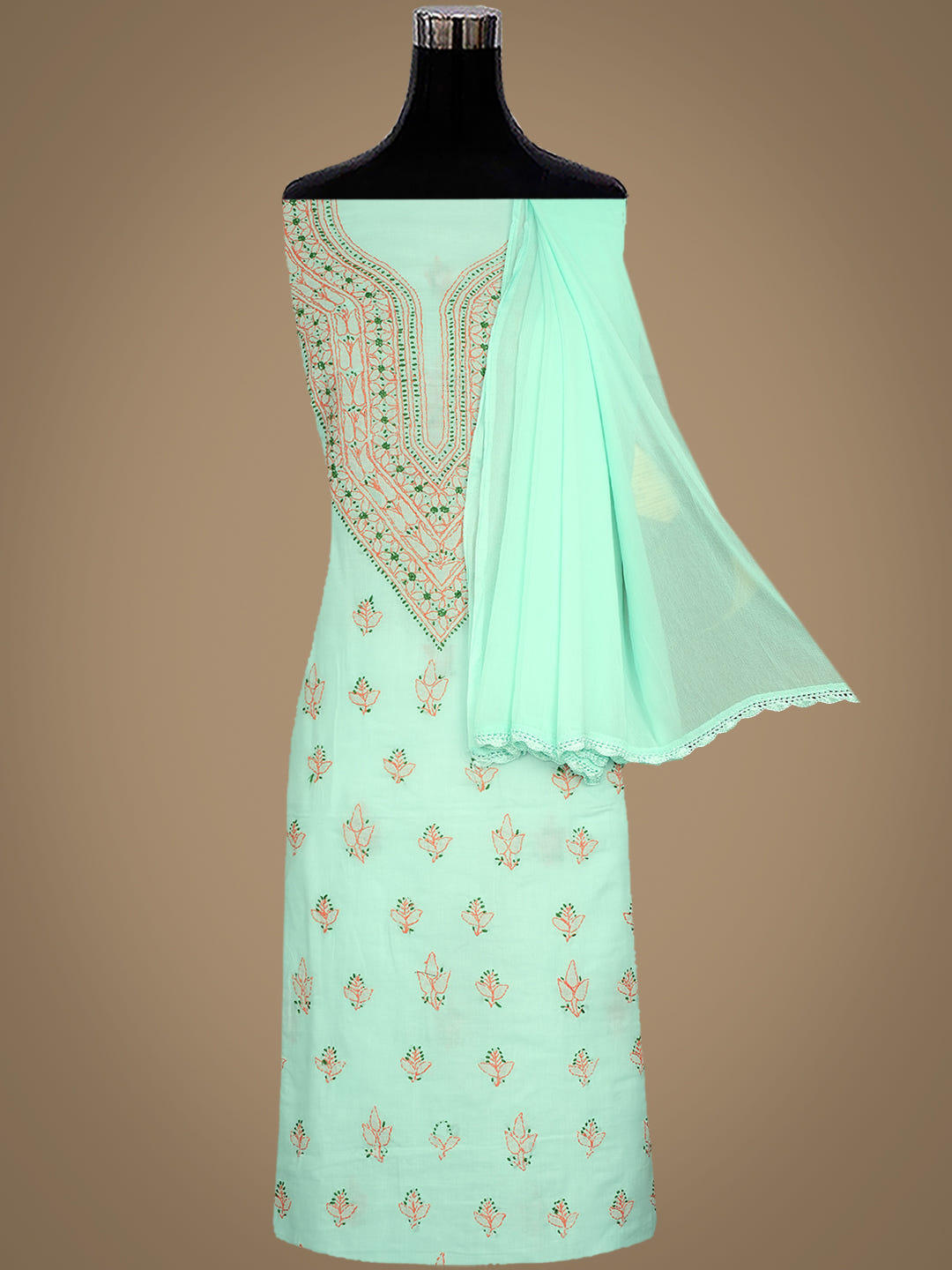 Ada Hand Embroidered Sea Green Cotton Lucknowi Chikankari Unstitched Suit Piece With Chiffon Dupatta 01A1001697_7