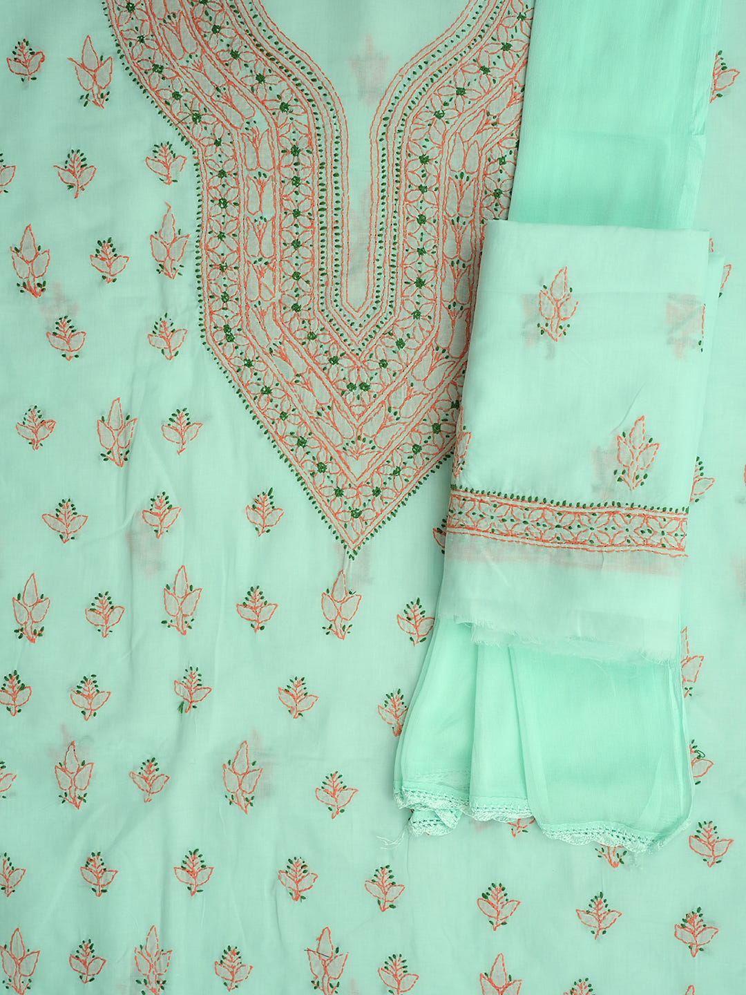 Ada Hand Embroidered Sea Green Cotton Lucknowi Chikankari Unstitched Suit Piece With Chiffon Dupatta 01A1001697_8