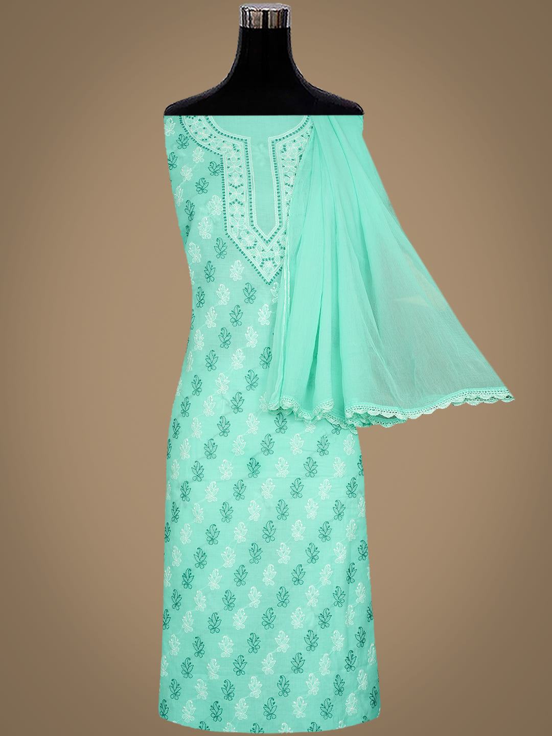 Ada Hand Embroidered Sea Green Cotton Lucknowi Chikankari Unstitched Suit Piece With Chiffon Dupatta 01A1010383_2