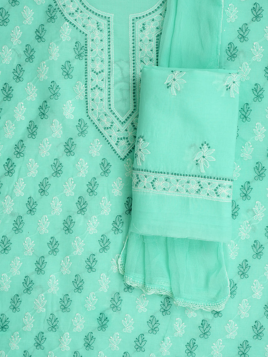 Ada Hand Embroidered Sea Green Cotton Lucknowi Chikankari Unstitched Suit Piece With Chiffon Dupatta 01A1010383_5