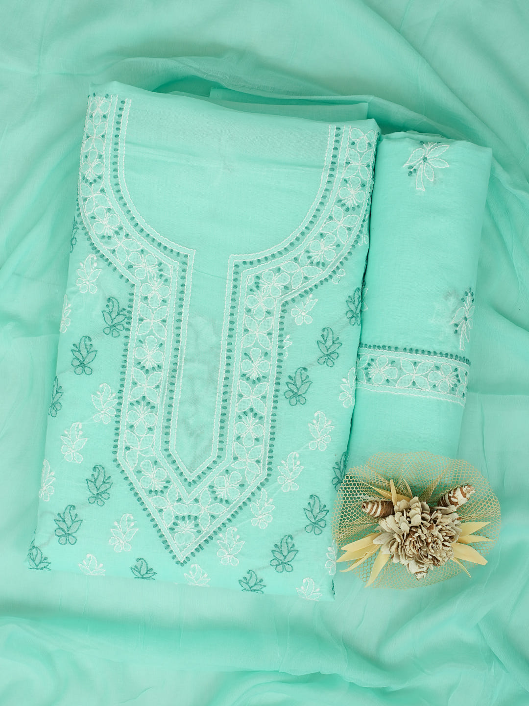 Ada Hand Embroidered Sea Green Cotton Lucknowi Chikankari Unstitched Suit Piece With Chiffon Dupatta 01A1010383_1
