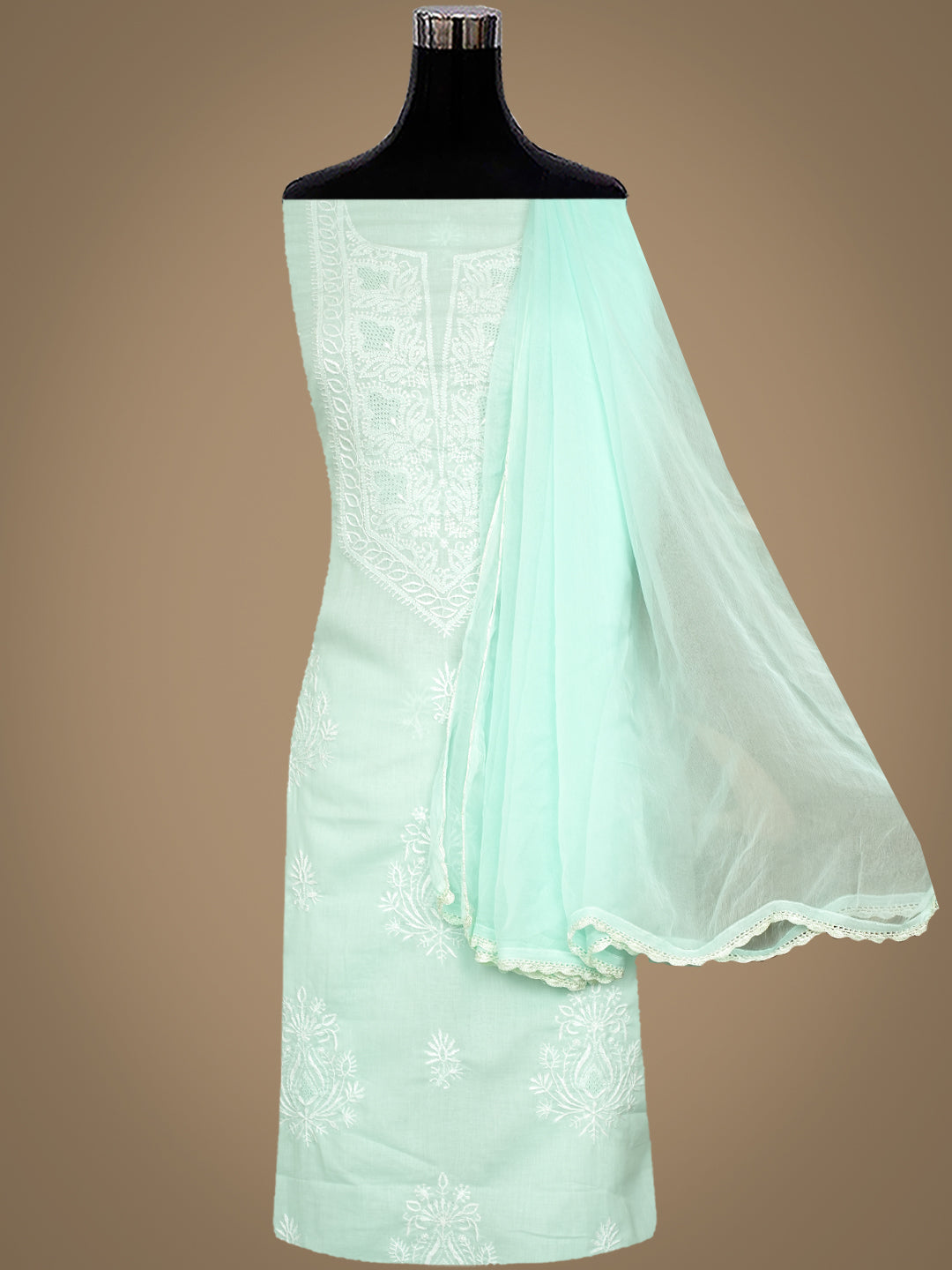 Ada Hand Embroidered Sea Green Cotton Lucknowi Chikankari Unstitched Suit Piece With Chiffon Dupatta 01A773700