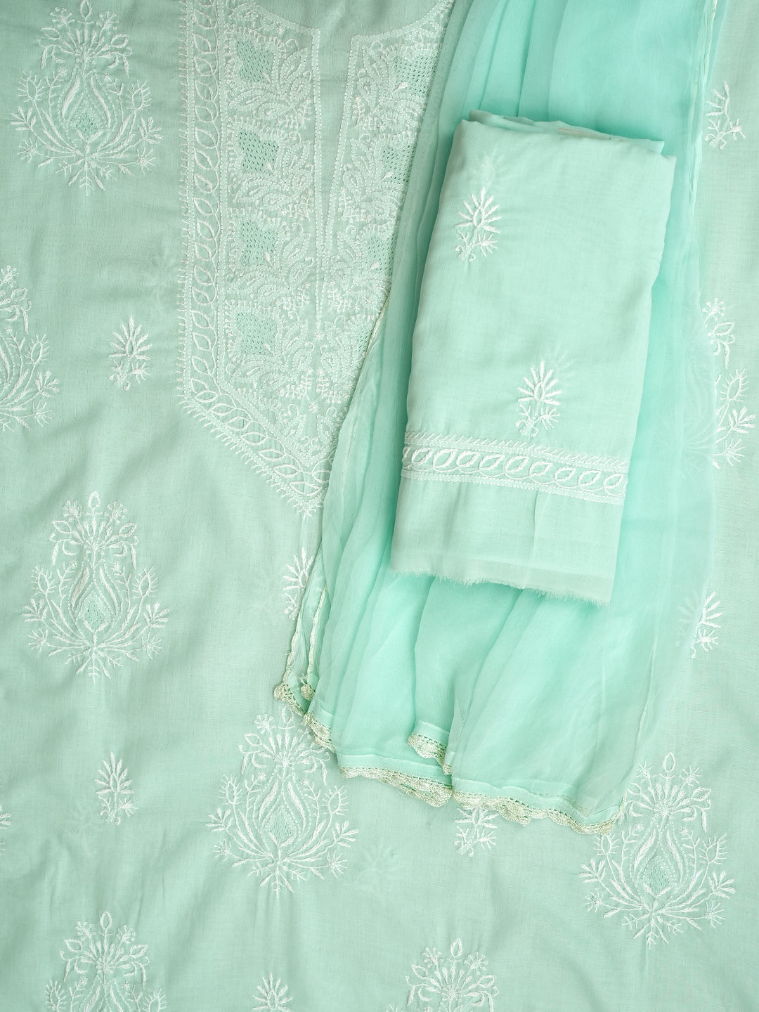 Ada Hand Embroidered Sea Green Cotton Lucknowi Chikankari Unstitched Suit Piece With Chiffon Dupatta 01A773700
