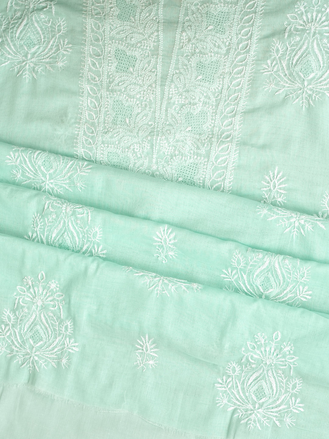Ada Hand Embroidered Sea Green Cotton Lucknowi Chikankari Unstitched Suit Piece With Chiffon Dupatta 01A773700