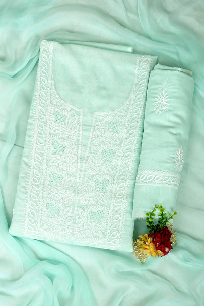 Ada Hand Embroidered Sea Green Cotton Lucknowi Chikankari Unstitched Suit Piece With Chiffon Dupatta 01A773700