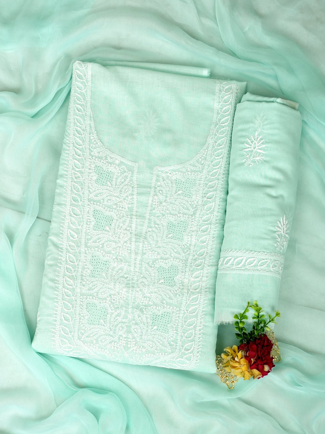 Ada Hand Embroidered Sea Green Cotton Lucknowi Chikankari Unstitched Suit Piece With Chiffon Dupatta 01A773700