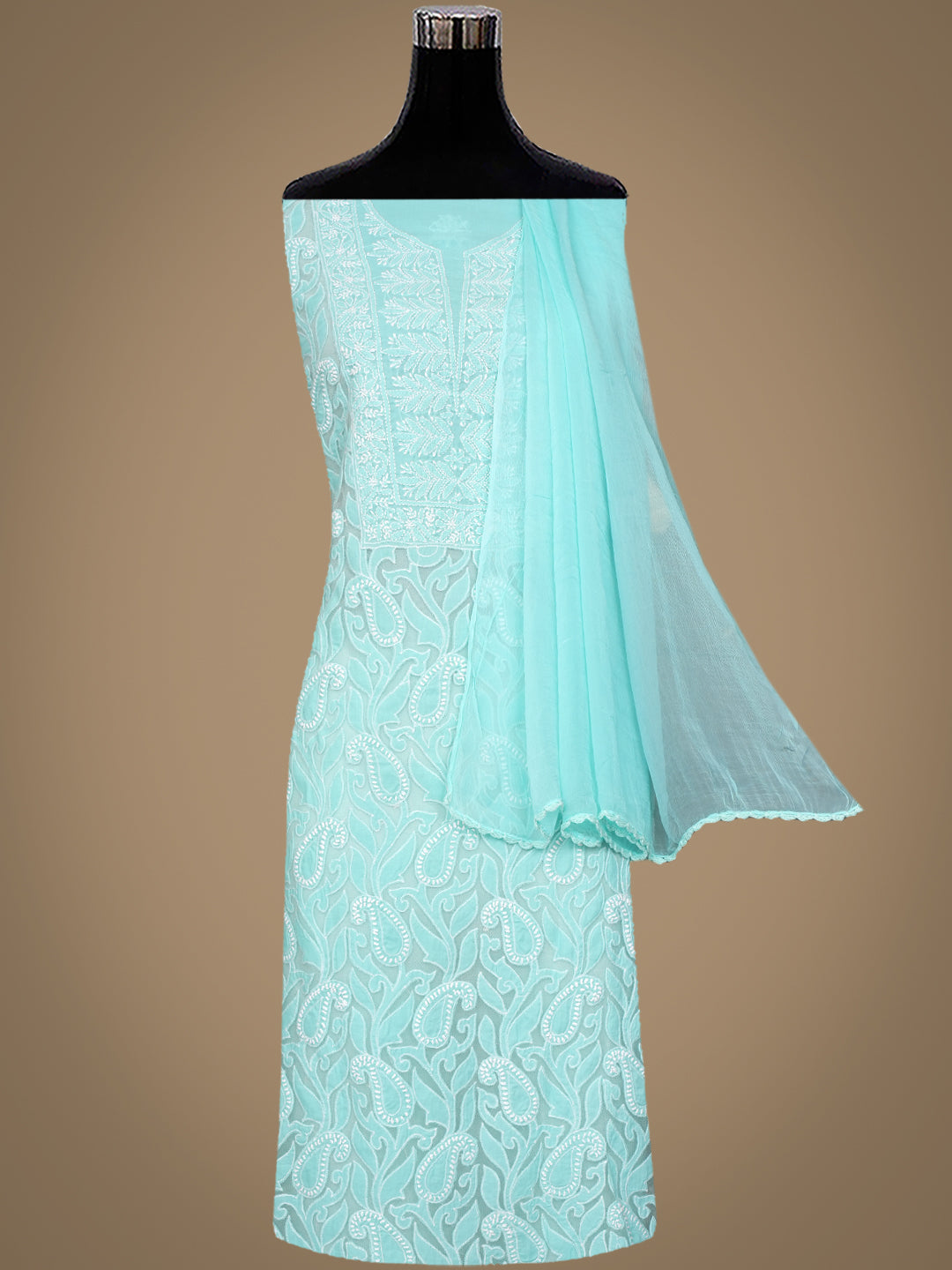 Ada Hand Embroidered Sea Green Cotton Lucknowi Chikankari Unstitched Suit Piece With Chiffon Dupatta 01A821967_4
