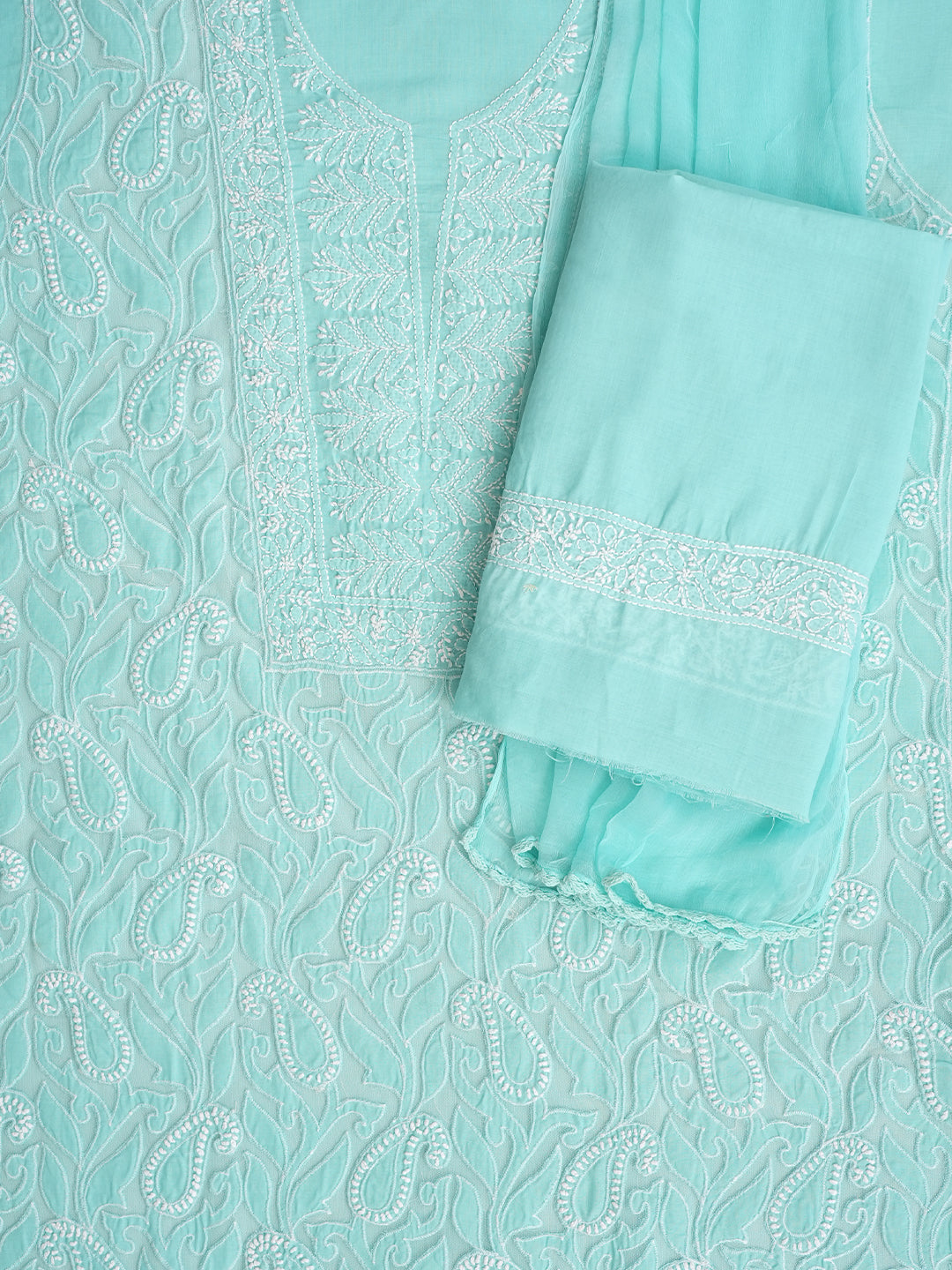 Ada Hand Embroidered Sea Green Cotton Lucknowi Chikankari Unstitched Suit Piece With Chiffon Dupatta 01A821967_5