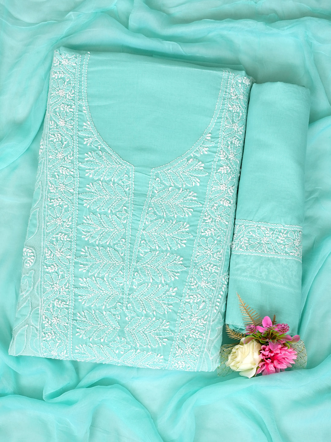 Ada Hand Embroidered Sea Green Cotton Lucknowi Chikankari Unstitched Suit Piece With Chiffon Dupatta 01A821967_1