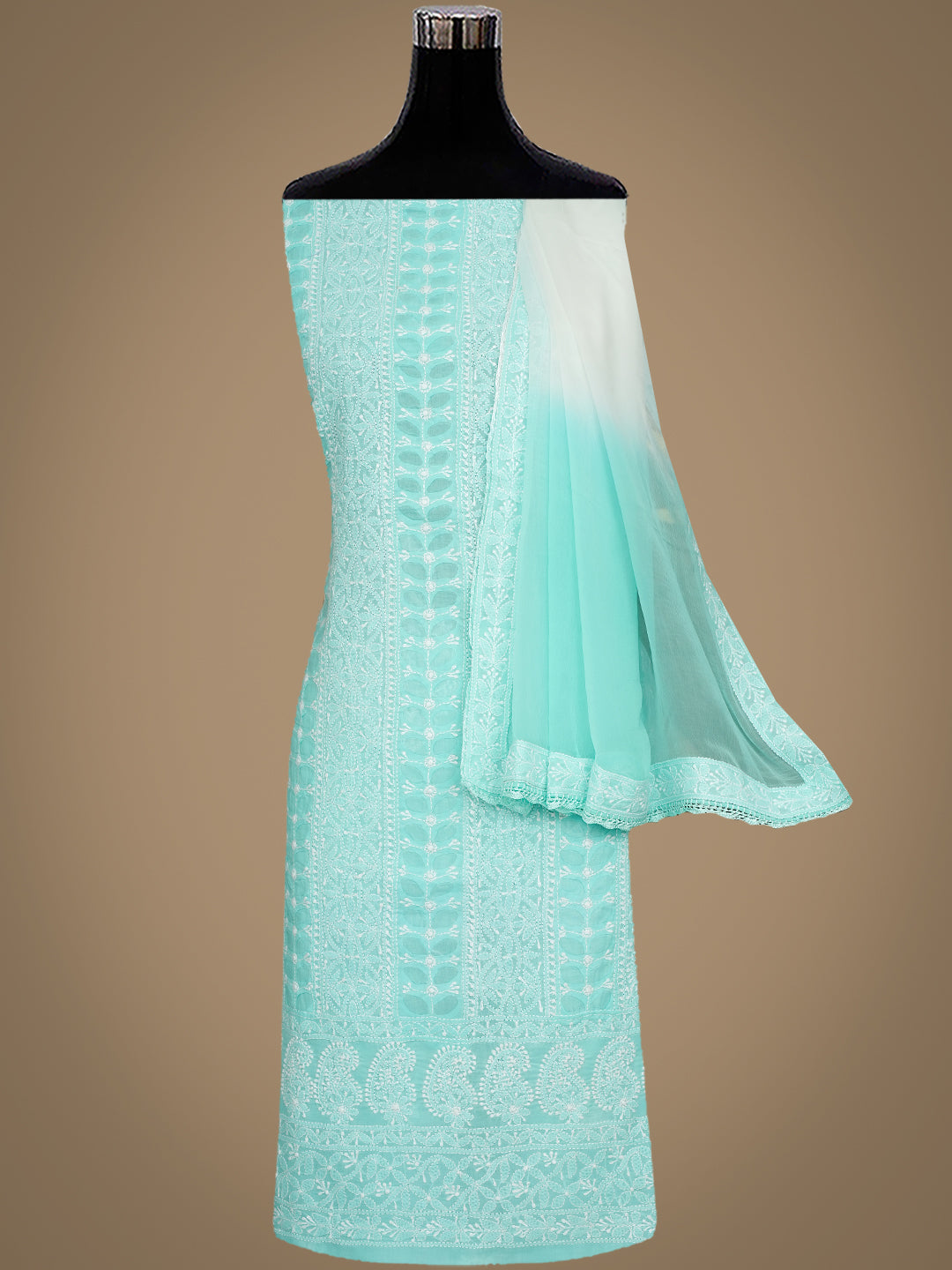 Ada Hand Embroidered Sea Green Cotton Lucknowi Chikankari Unstitched Suit Piece With Chiffon Dupatta 01A900222