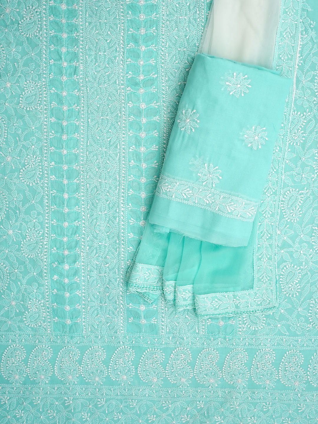 Ada Hand Embroidered Sea Green Cotton Lucknowi Chikankari Unstitched Suit Piece With Chiffon Dupatta 01A900222
