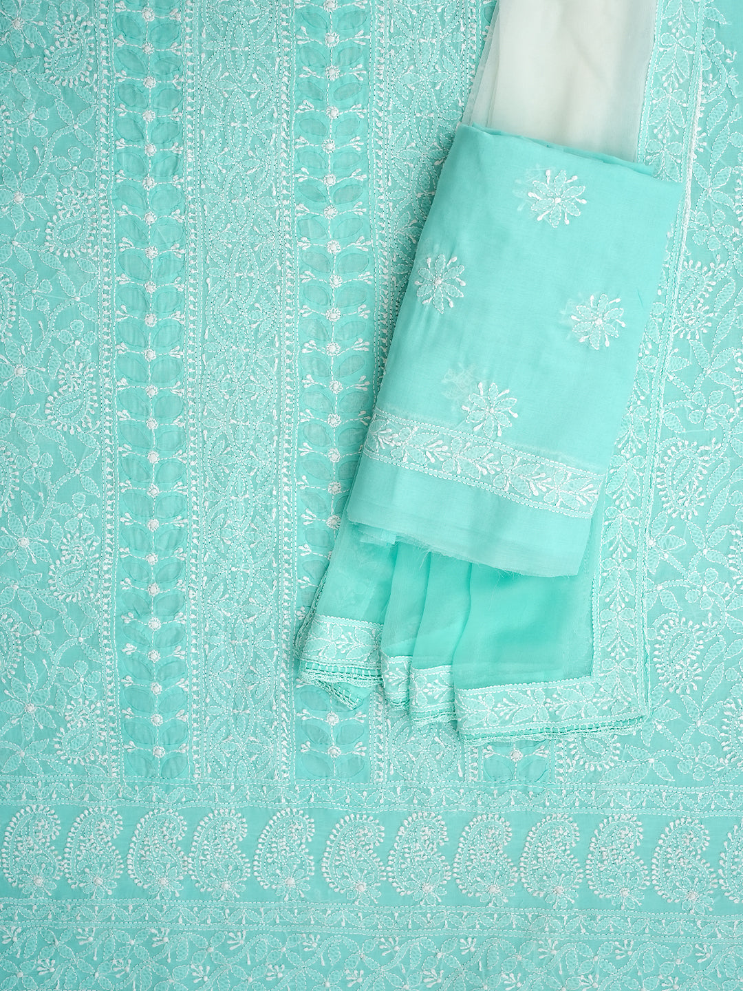 Ada Hand Embroidered Sea Green Cotton Lucknowi Chikankari Unstitched Suit Piece With Chiffon Dupatta 01A900222