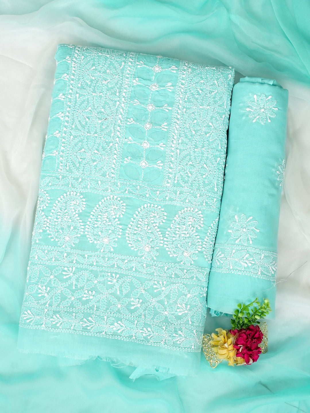 Ada Hand Embroidered Sea Green Cotton Lucknowi Chikankari Unstitched Suit Piece With Chiffon Dupatta 01A900222