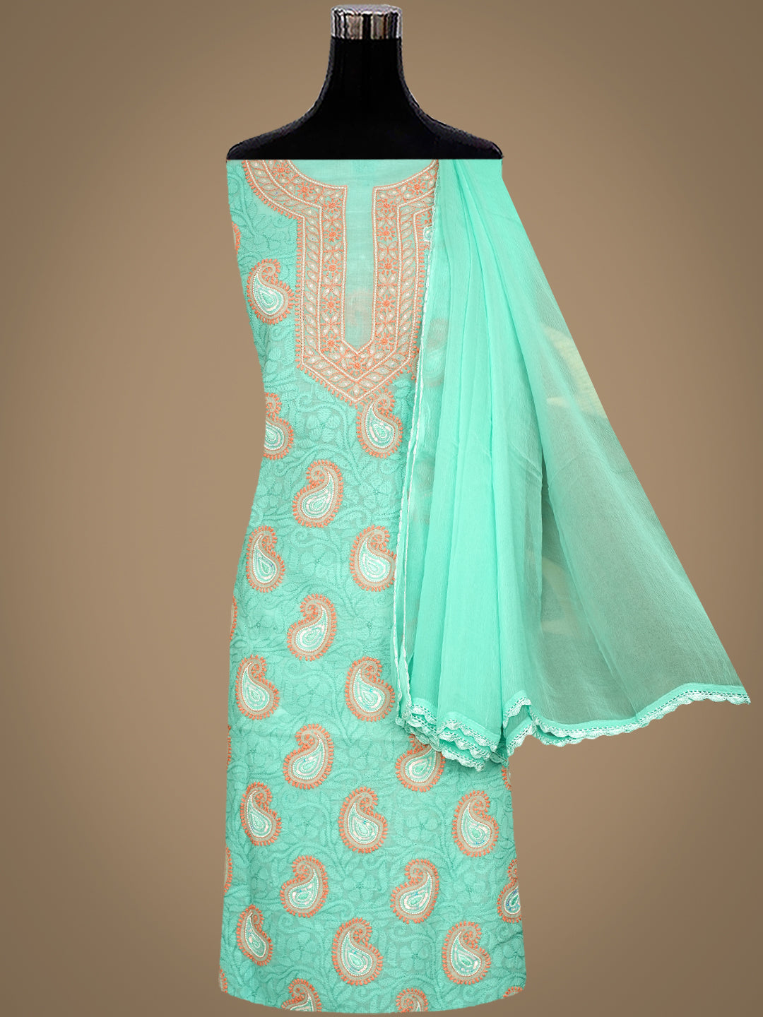 Ada Hand Embroidered Sea Green Cotton Lucknowi Chikankari Unstitched Suit Set With Pearl Work 01A985624