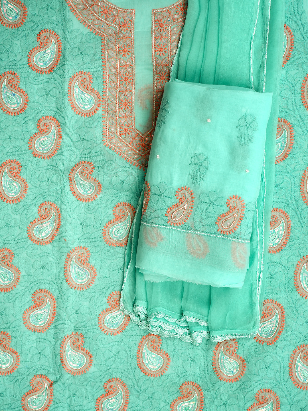 Ada Hand Embroidered Sea Green Cotton Lucknowi Chikankari Unstitched Suit Set With Pearl Work 01A985624
