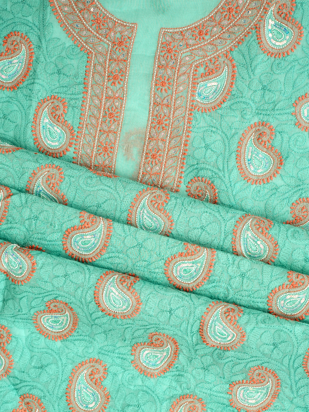 Ada Hand Embroidered Sea Green Cotton Lucknowi Chikankari Unstitched Suit Set With Pearl Work 01A985624