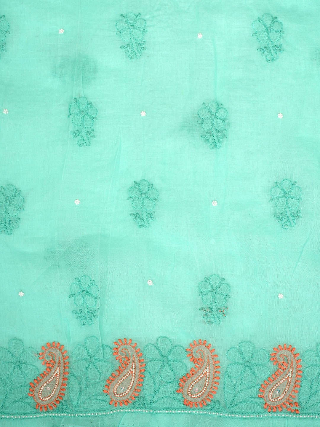 Ada Hand Embroidered Sea Green Cotton Lucknowi Chikankari Unstitched Suit Set With Pearl Work 01A985624